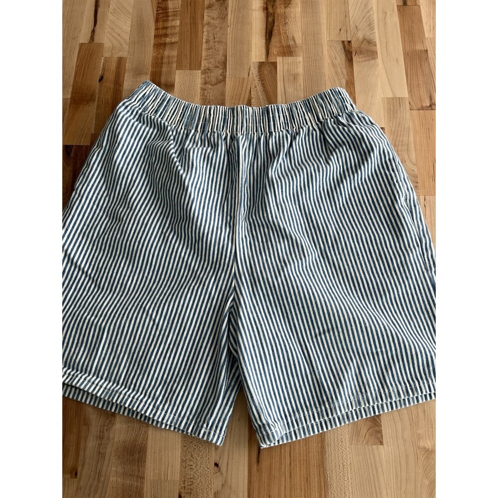 Women's Vintage 80s Elastic Waist Casual Shorts 100% Cotton Blue White Stripes L